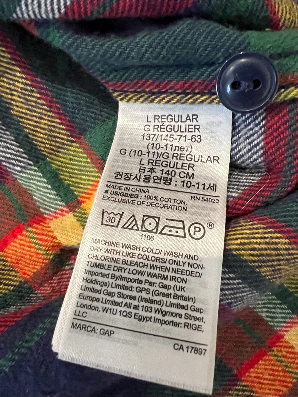 GAP Kids Multicolor Plaid Flannel Button-Down Shirt — Navy, Red, Green & Yellow